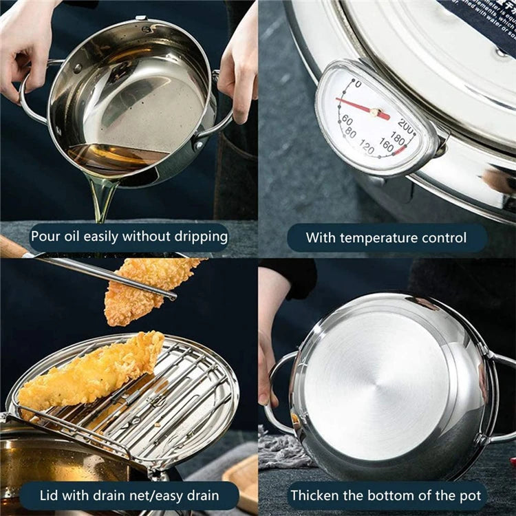 LMETJMA-Sartén japonesa con termómetro y tapa, sartenes de acero inoxidable 304 para cocina, freidora tempura de 20 y 24 cm, KC0405