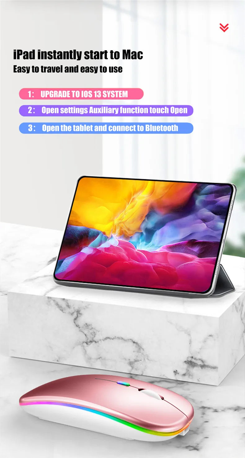 Ratón inalámbrico LED, recargable por USB, compatible con Bluetooth, RGB, silencioso, ergonómico, con retroiluminación, para ordenador portátil, PC y ipad
