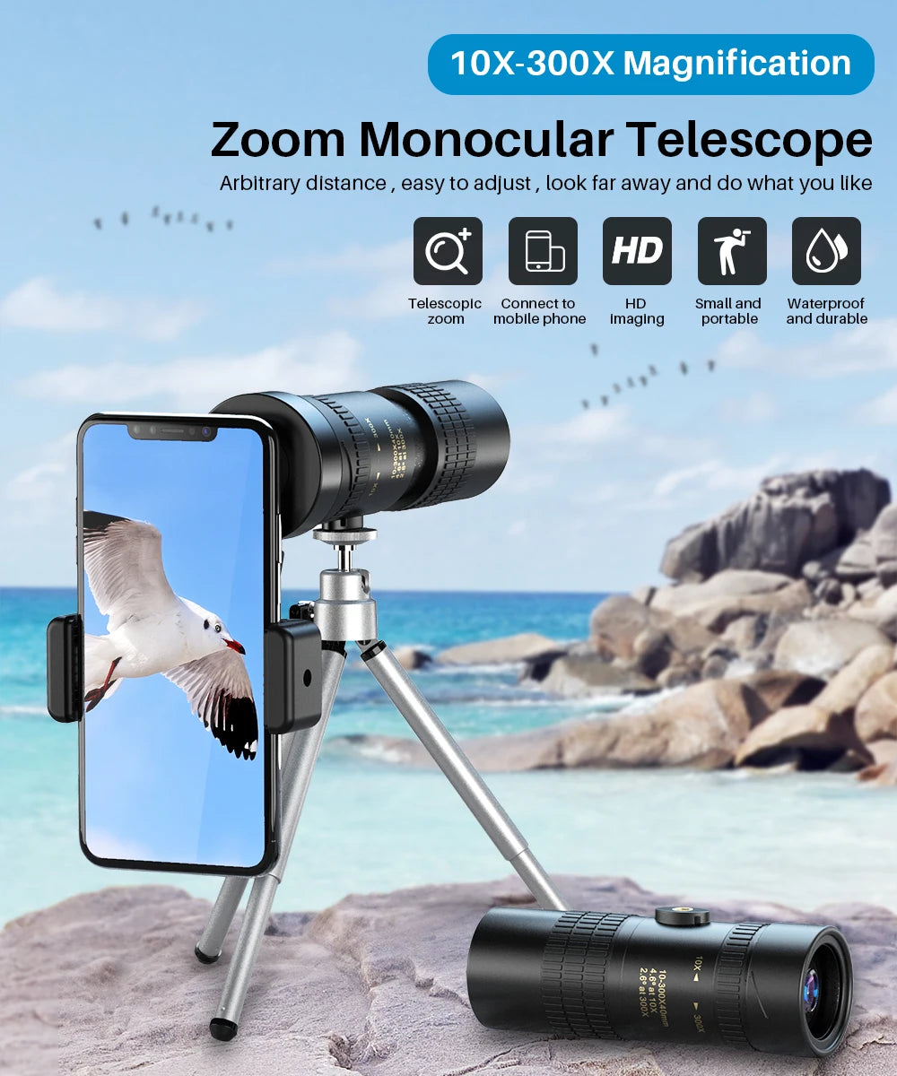 Monocular Telescopio APEXEL HD 10-300x40 con Soporte para Teléfono