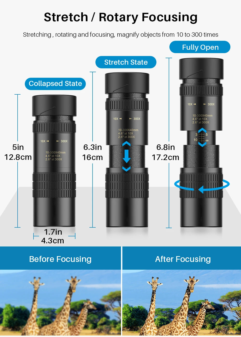 Monocular Telescopio APEXEL HD 10-300x40 con Soporte para Teléfono