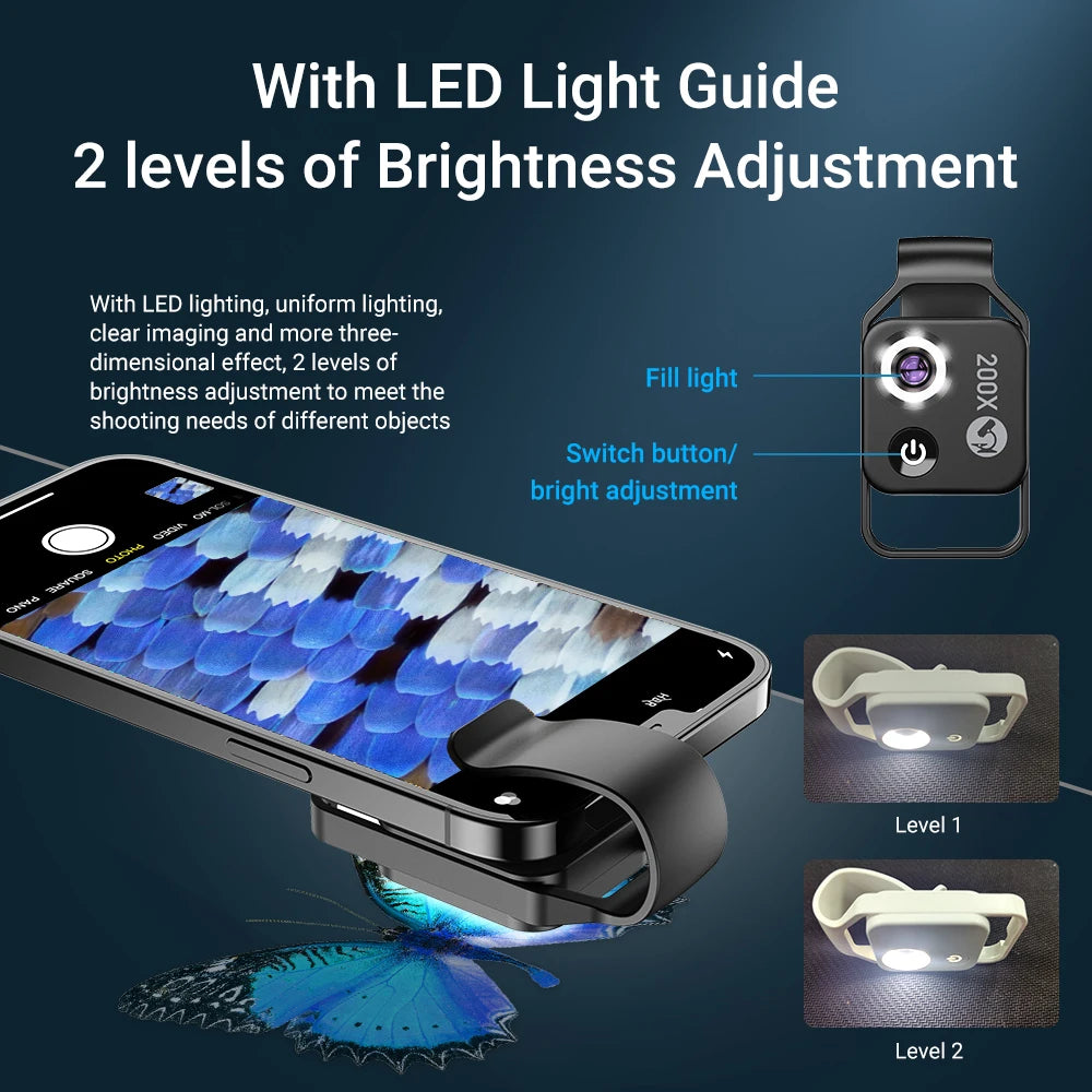 Lente Microscopio Digital 200X APEXEL para Smartphone con LED