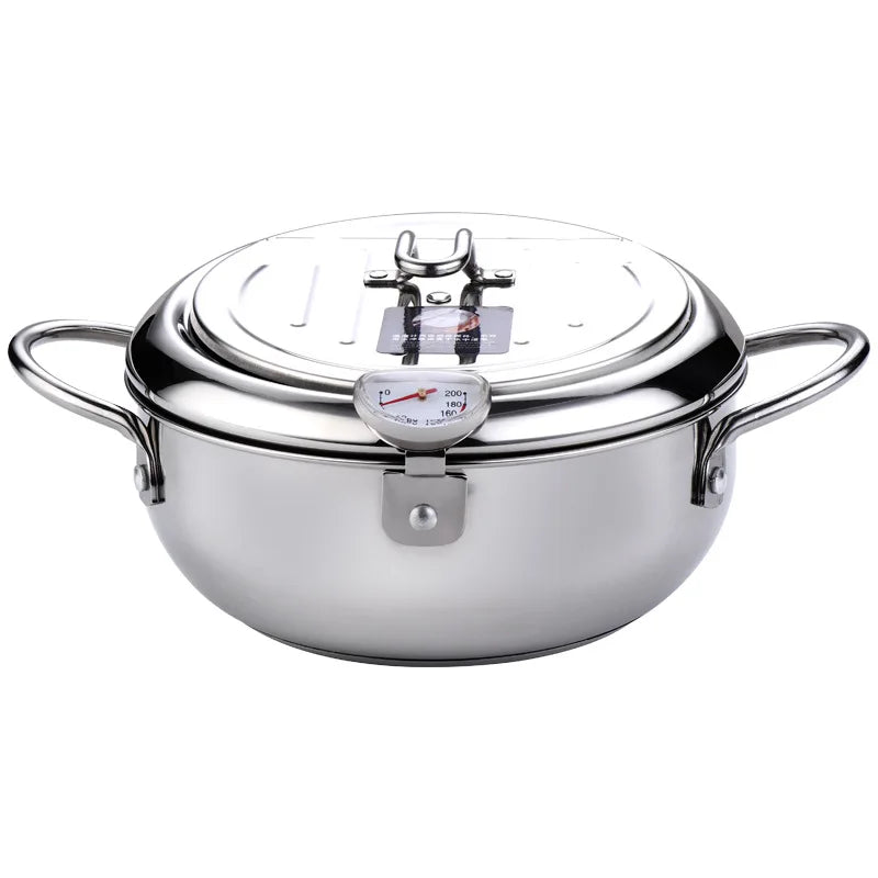 LMETJMA-Sartén japonesa con termómetro y tapa, sartenes de acero inoxidable 304 para cocina, freidora tempura de 20 y 24 cm, KC0405