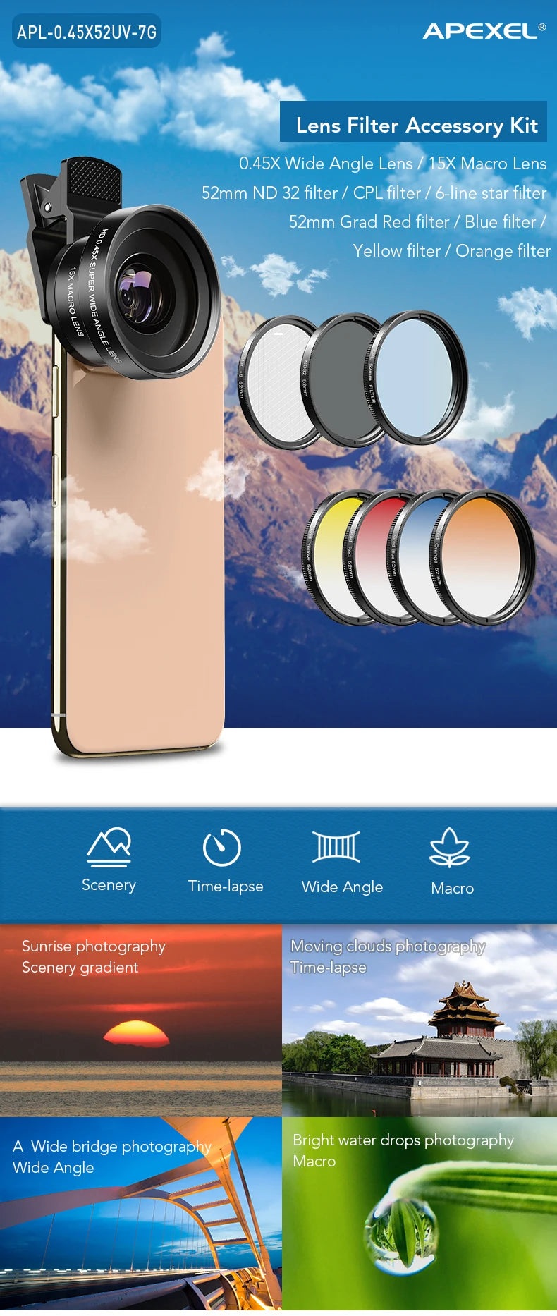 Kit APEXEL 7 Filtros de Lente 52mm para Cámara y Celular