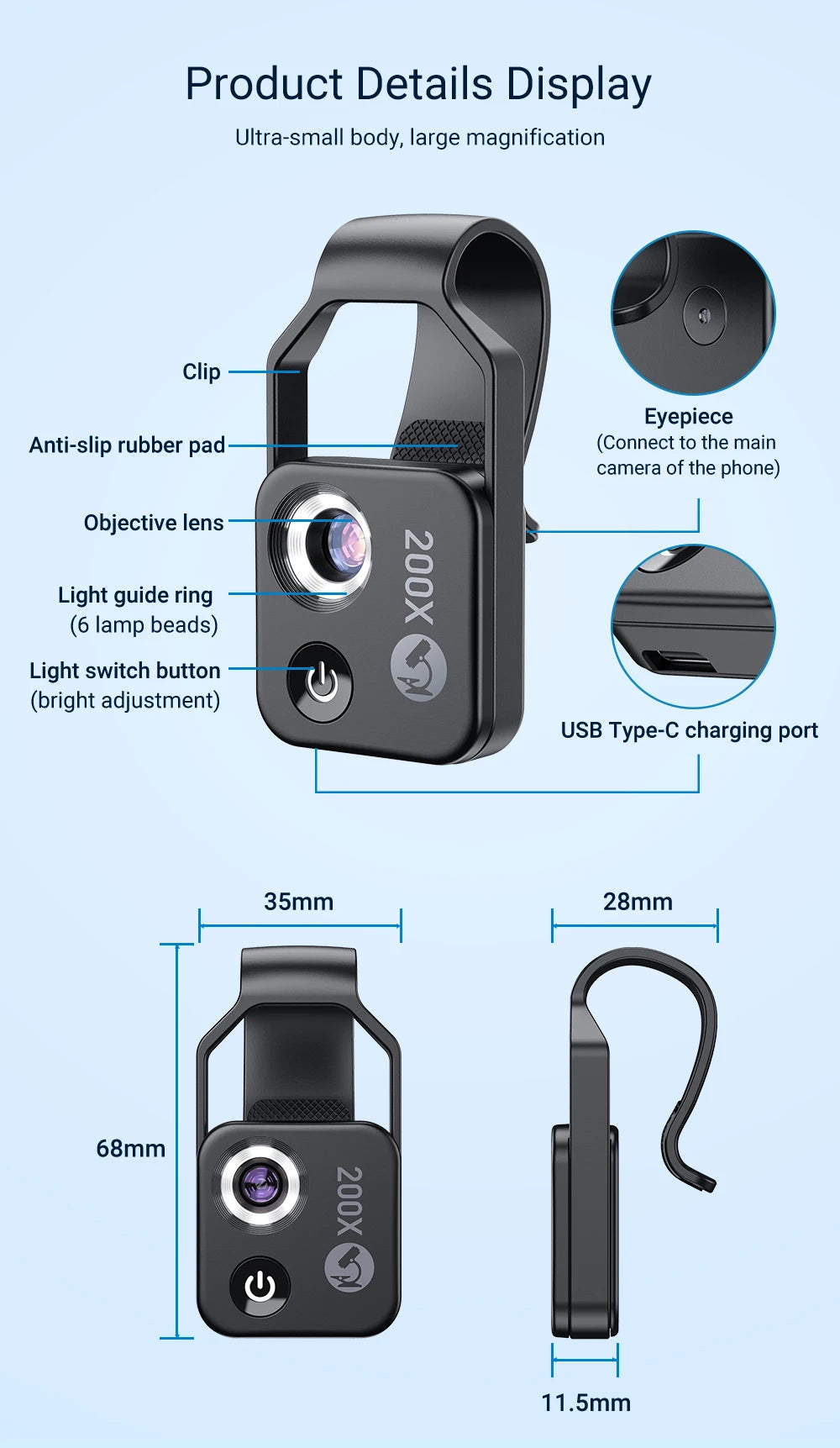 Lente Microscopio Digital 200X APEXEL para Smartphone con LED