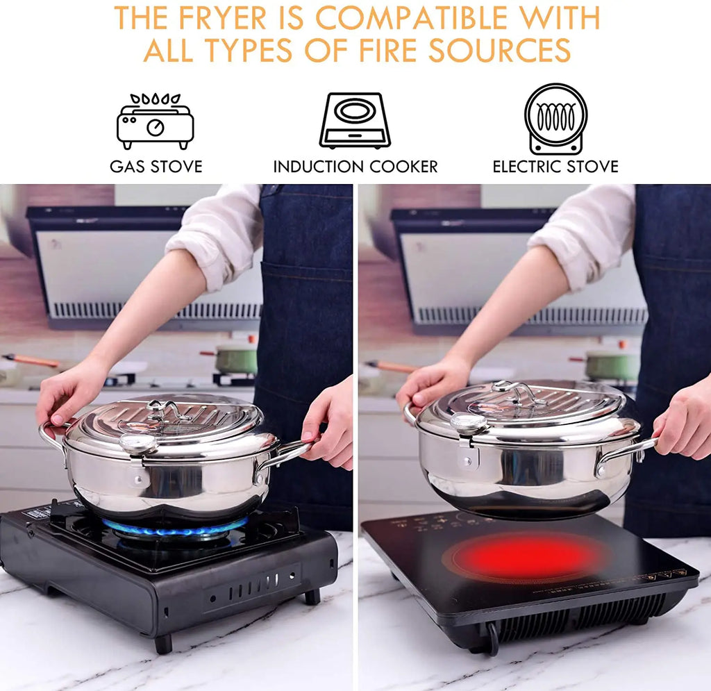 LMETJMA-Sartén japonesa con termómetro y tapa, sartenes de acero inoxidable 304 para cocina, freidora tempura de 20 y 24 cm, KC0405