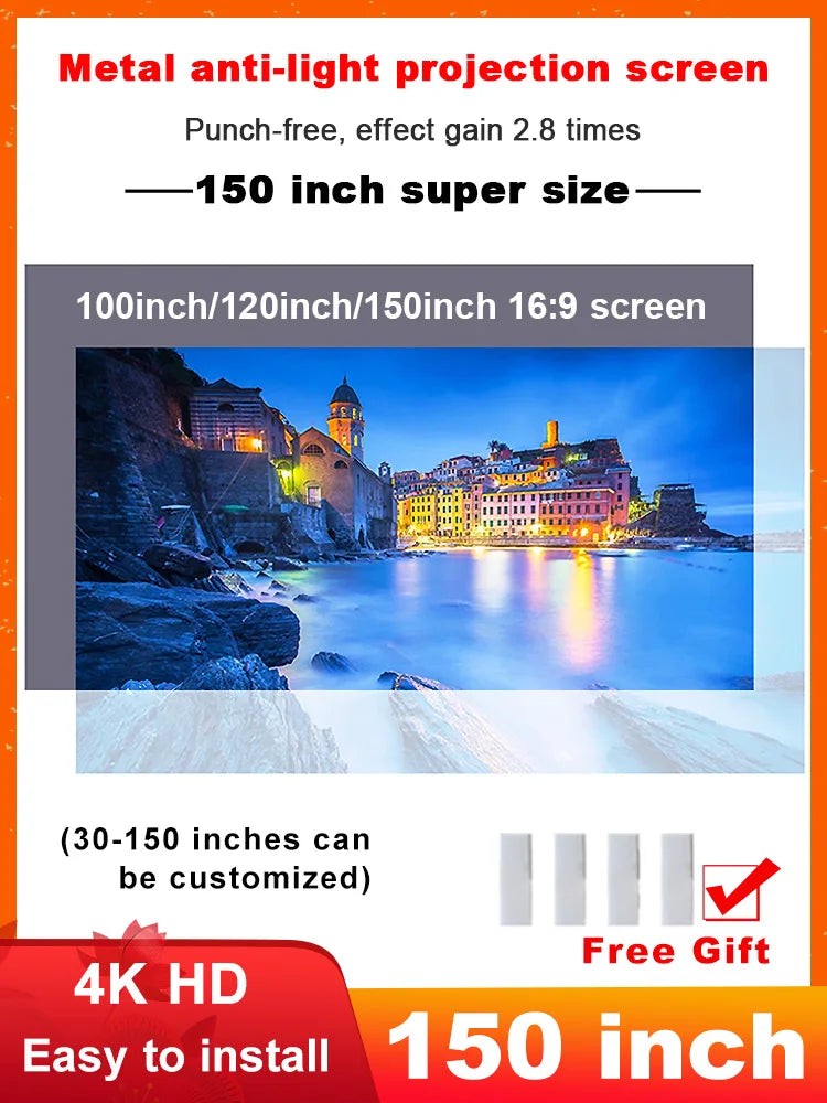 Pantalla de proyector portátil de alto brillo, cortina Anti Luz de Metal 16:9 84 100 120 133 150 pulgadas para hogar, Oficina al aire libre 4K