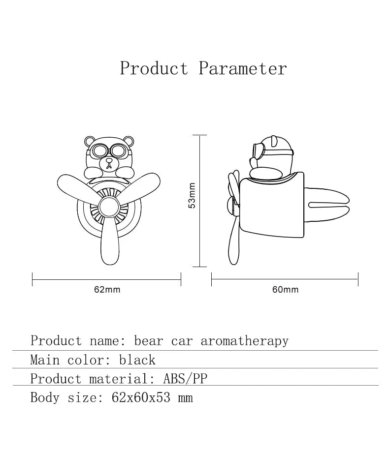 Ambientador para coche Bear Pilot Hélice giratoria Salida de aire Perfume Aroma Fragancia Diseño magnético