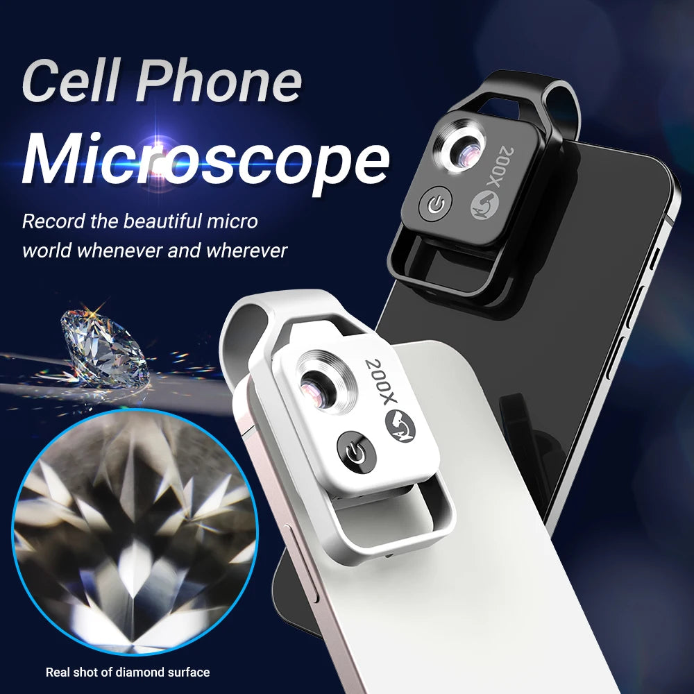 Lente Microscopio 200X para Teléfono con Luz LED y Filtro CPL