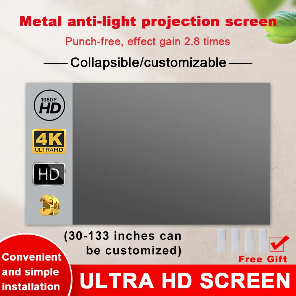 Pantalla de proyector portátil de alto brillo, cortina Anti Luz de Metal 16:9 84 100 120 133 150 pulgadas para hogar, Oficina al aire libre 4K