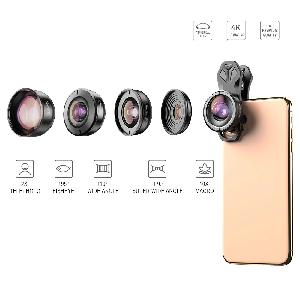 Kit 5 en 1 de Lentes APEXEL 4K HD para Cámara de Teléfono