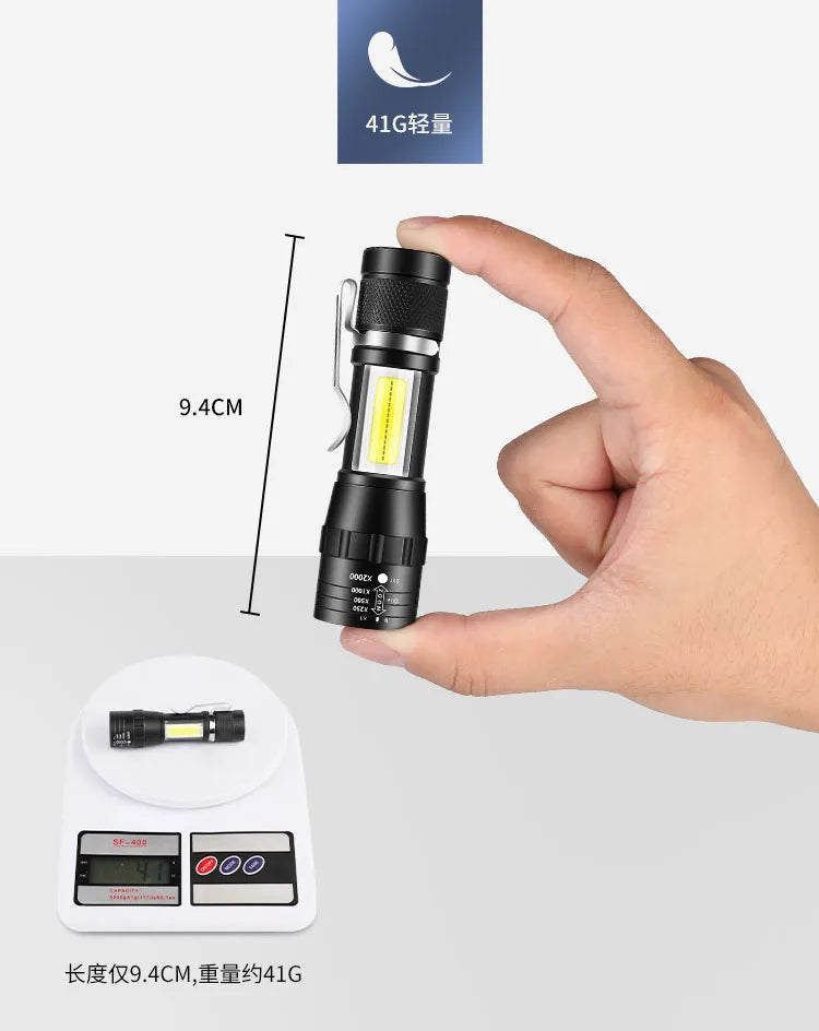 Linterna LED Recargable COB T6 con Zoom 3 Modos Impermeable