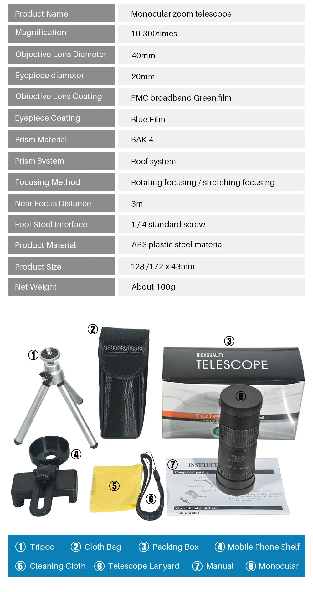 Monocular Telescopio APEXEL HD 10-300x40 con Soporte para Teléfono