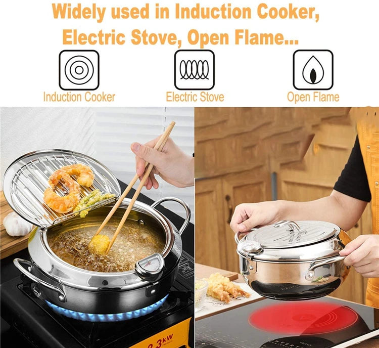 LMETJMA-Sartén japonesa con termómetro y tapa, sartenes de acero inoxidable 304 para cocina, freidora tempura de 20 y 24 cm, KC0405