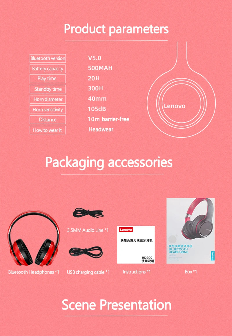 Lenovo HD200 Auriculares Bluetooth Plegables PC