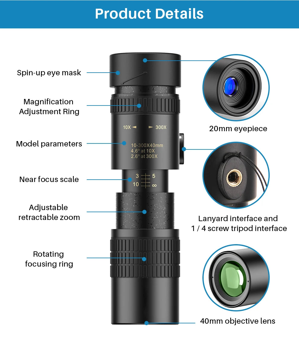 Monocular Telescopio APEXEL HD 10-300x40 con Soporte para Teléfono
