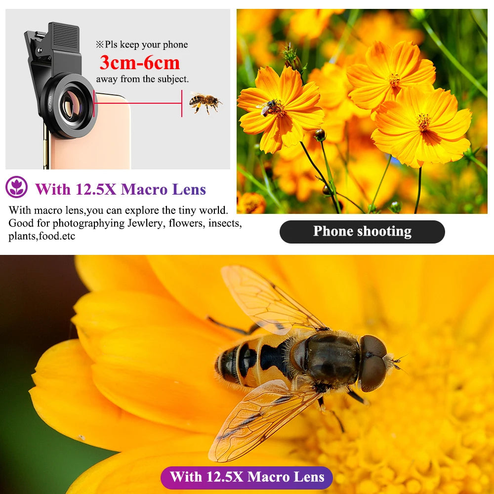 Kit Lente Macro 12.5x y Gran Angular 0.45x APEXEL para Móvil