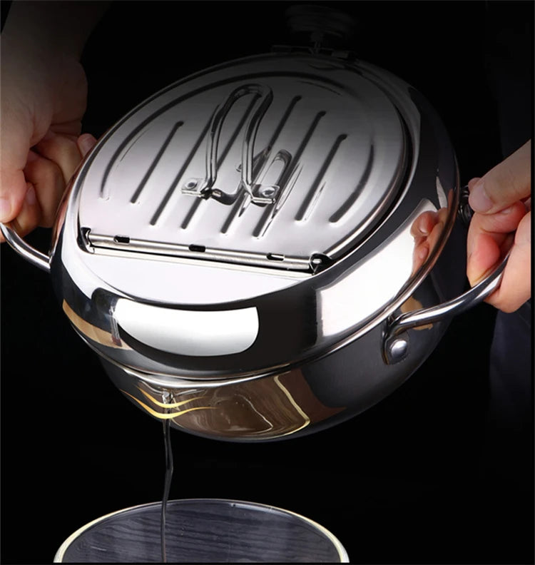 LMETJMA-Sartén japonesa con termómetro y tapa, sartenes de acero inoxidable 304 para cocina, freidora tempura de 20 y 24 cm, KC0405