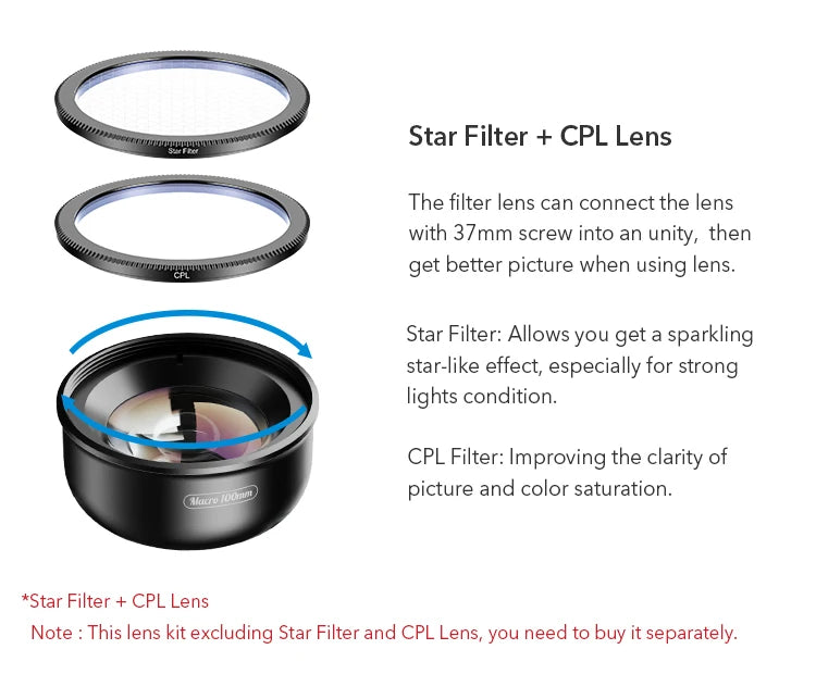 Lente Macro APEXEL 4K HD 100mm para Celular con Filtros CPL