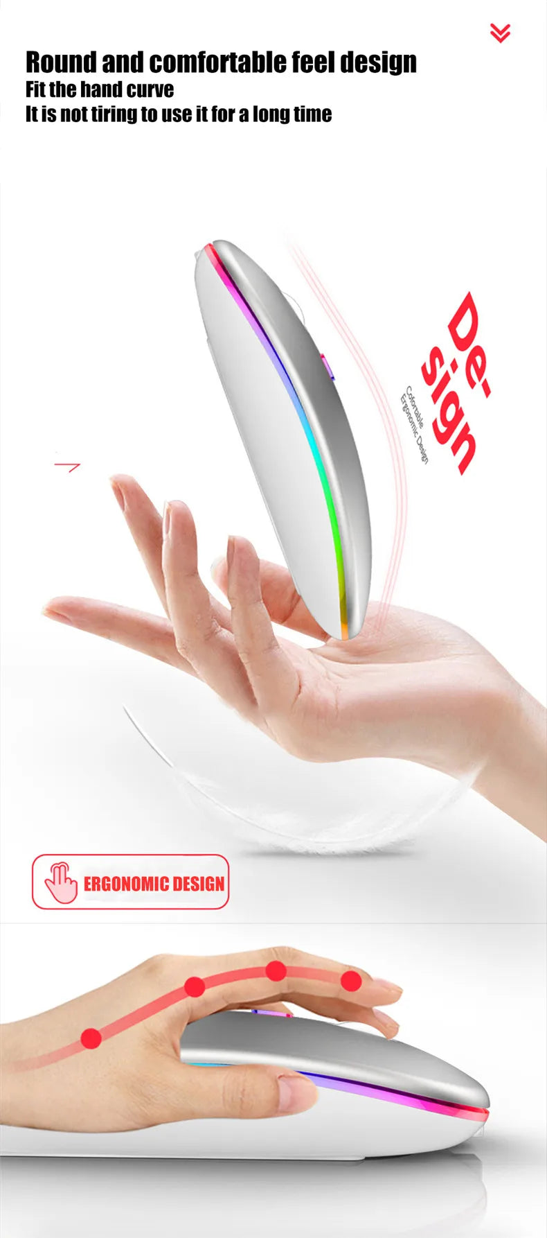 Ratón inalámbrico LED, recargable por USB, compatible con Bluetooth, RGB, silencioso, ergonómico, con retroiluminación, para ordenador portátil, PC y ipad