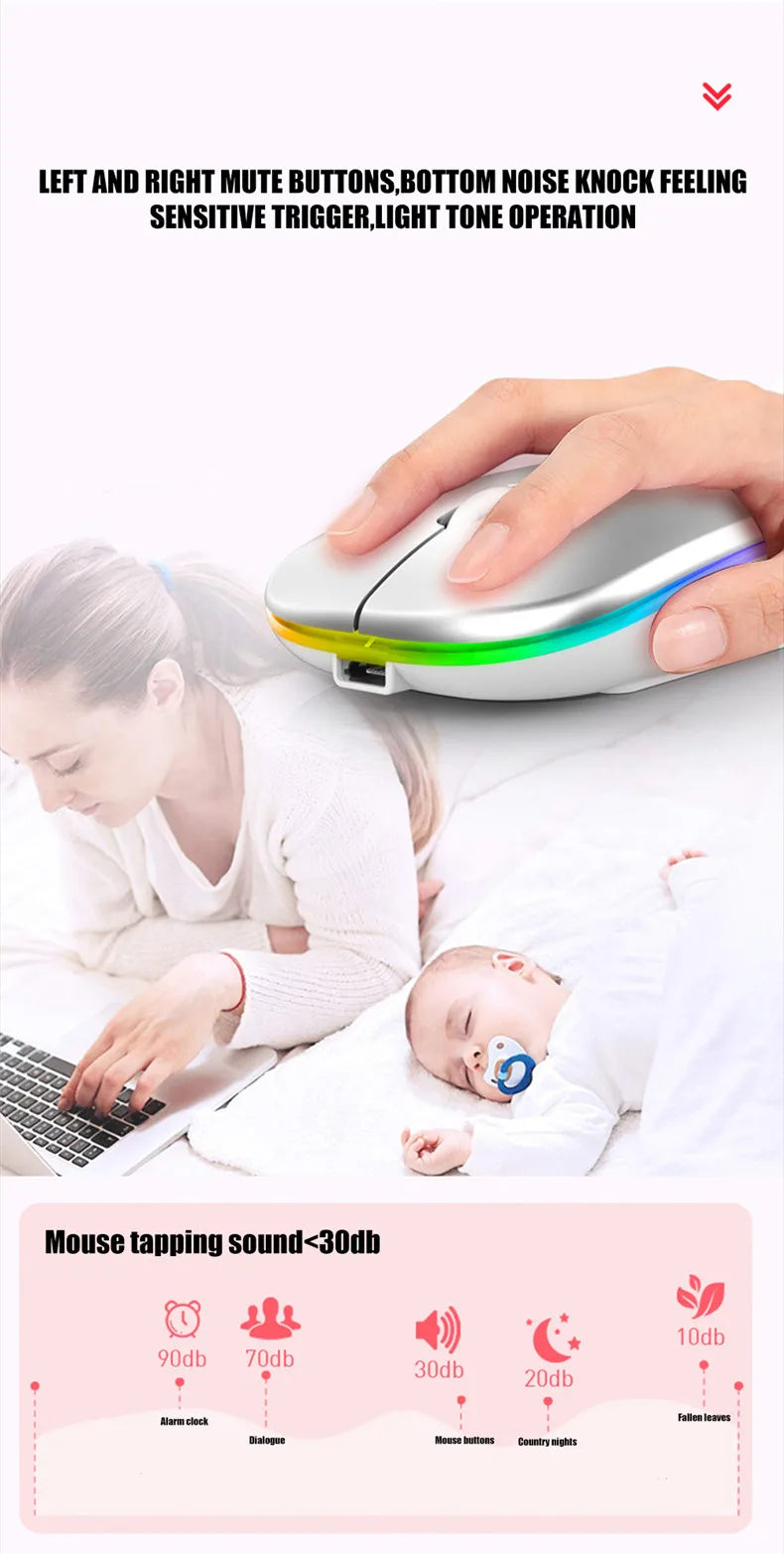 Ratón inalámbrico LED, recargable por USB, compatible con Bluetooth, RGB, silencioso, ergonómico, con retroiluminación, para ordenador portátil, PC y ipad