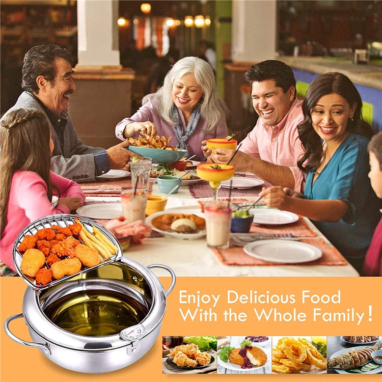 LMETJMA-Sartén japonesa con termómetro y tapa, sartenes de acero inoxidable 304 para cocina, freidora tempura de 20 y 24 cm, KC0405
