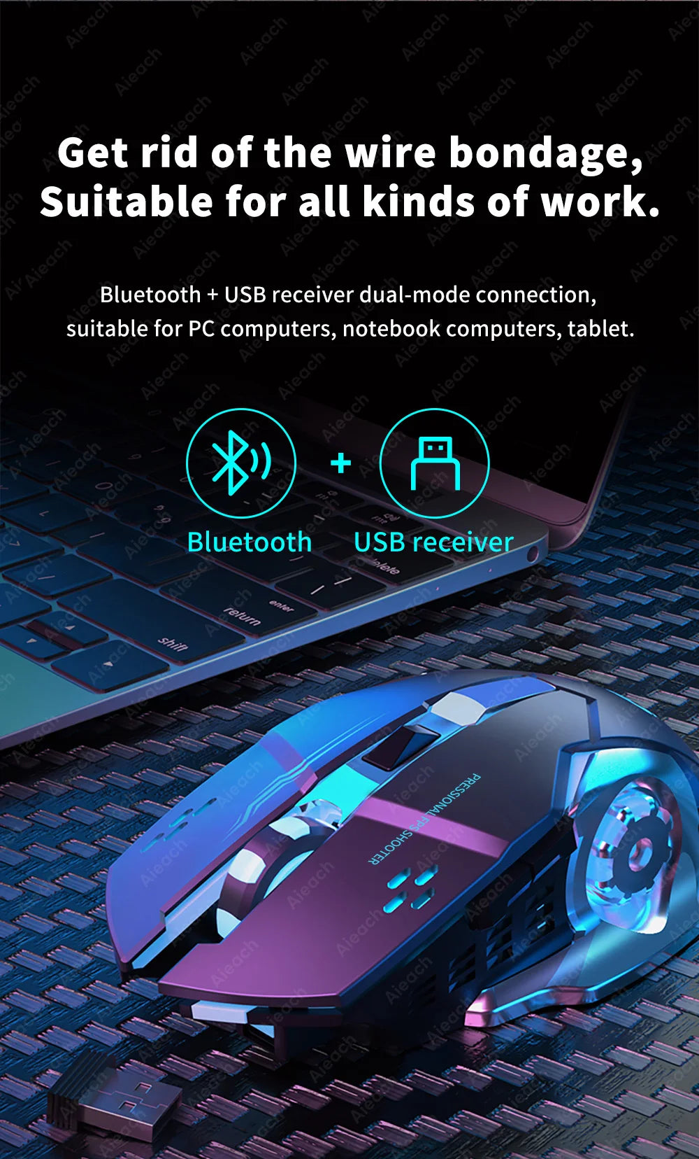 Ratón inalámbrico recargable para videojuegos, Mouse silencioso con Bluetooth, USB, mecánico, retroiluminación para deportes electrónicos, PC, Gamer