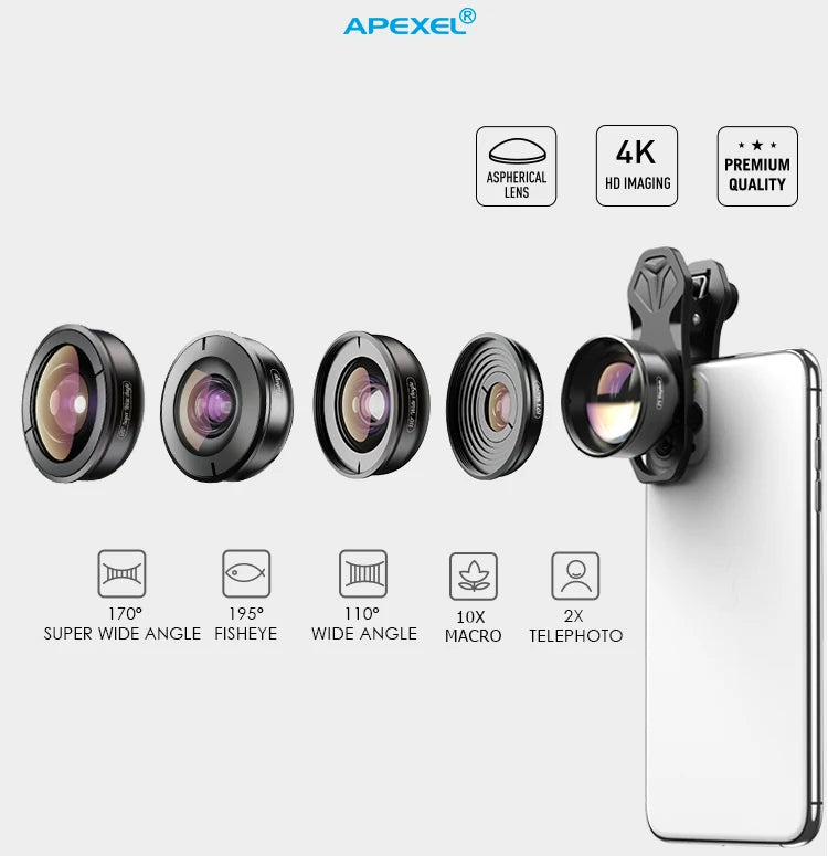 Kit 5 en 1 de Lentes APEXEL 4K HD para Cámara de Teléfono