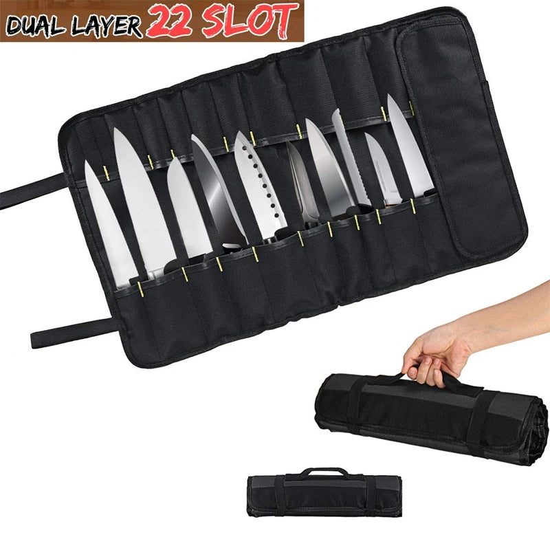 LMETJMA Premium 22 ranuras bolsa para cuchillos de Chef tela Oxford bolsa enrollable para cuchillos portátil duradero bolsa de almacenamiento de cubiertos funda de transporte KC0318