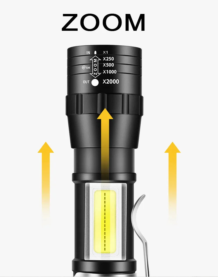 Linterna LED Recargable COB T6 con Zoom 3 Modos Impermeable