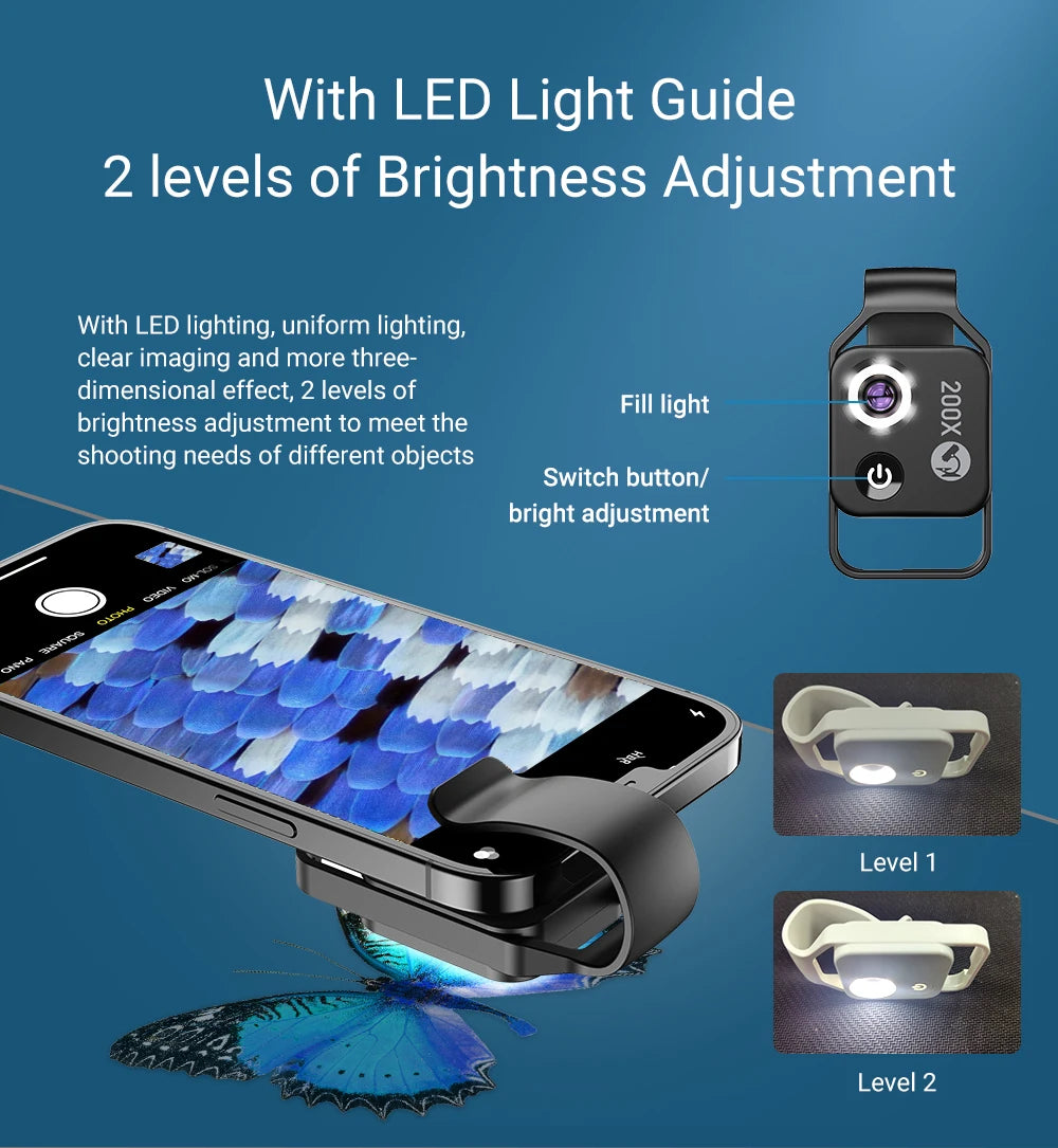 Lente Microscopio 200X para Teléfono con Luz LED y Filtro CPL