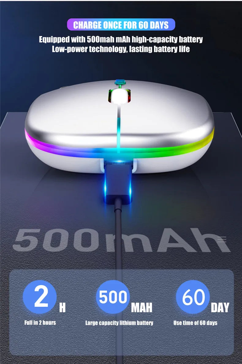 Ratón inalámbrico LED, recargable por USB, compatible con Bluetooth, RGB, silencioso, ergonómico, con retroiluminación, para ordenador portátil, PC y ipad