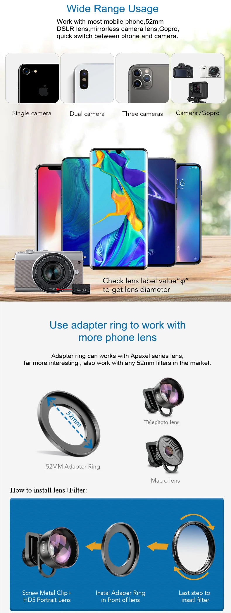 Kit APEXEL 7 Filtros de Lente 52mm para Cámara y Celular