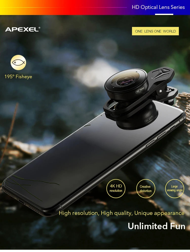Lente Ojo de Pez APEXEL HD 195 Grados para iPhone y Smartphones Android