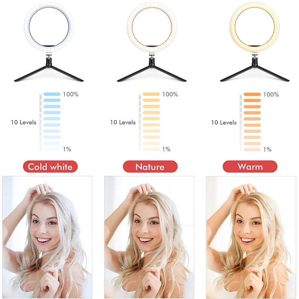Anillo de luz LED para Selfie de 33cm, luces de fotografía, lámpara fría cálida con trípode, luz de anillo USB regulable para vídeo Tiktok, lámpara de relleno en vivo