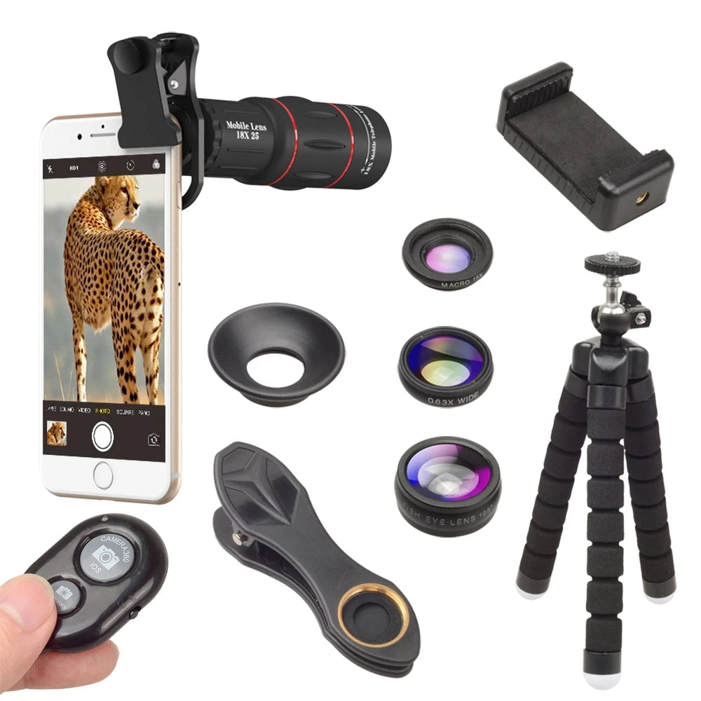 Kit de Lentes APEXEL 5 en 1 con Telescopio 18x para Smartphones