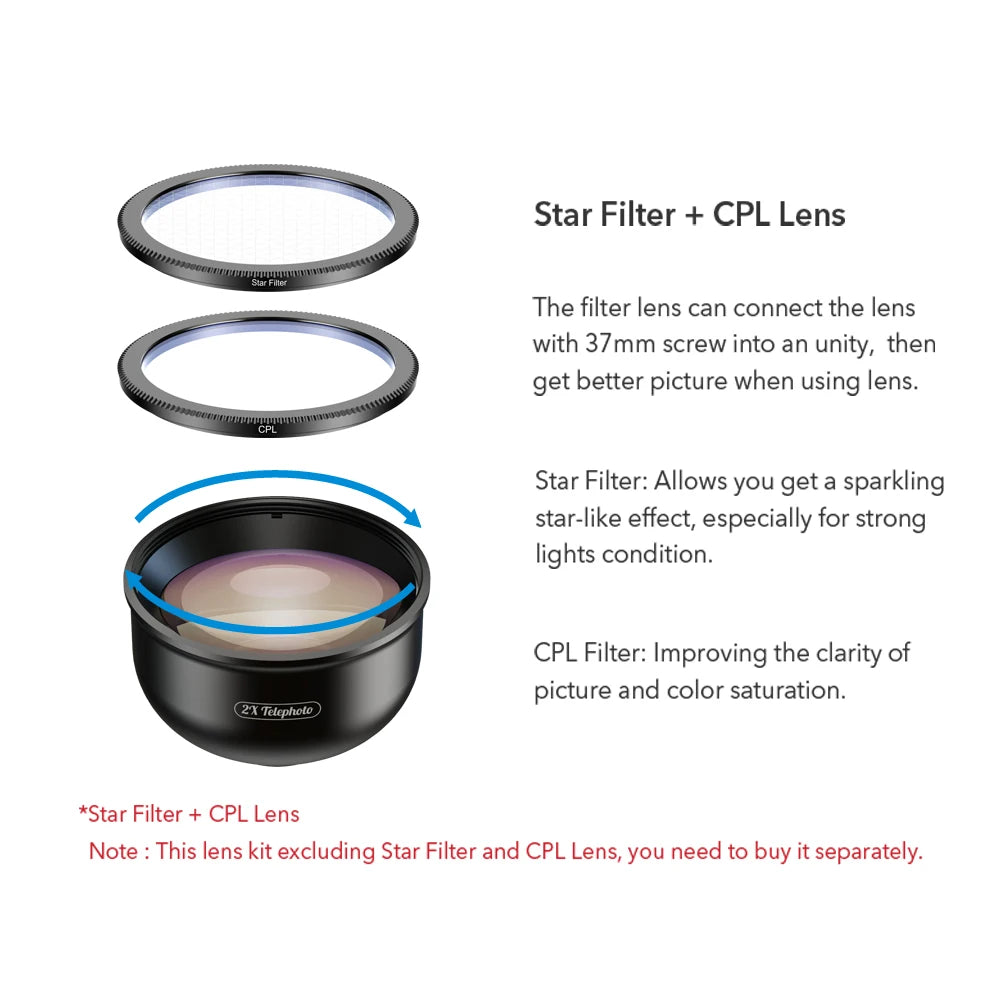 Lente Teleobjetivo APEXEL HD 2X para Celular con Filtro CPL