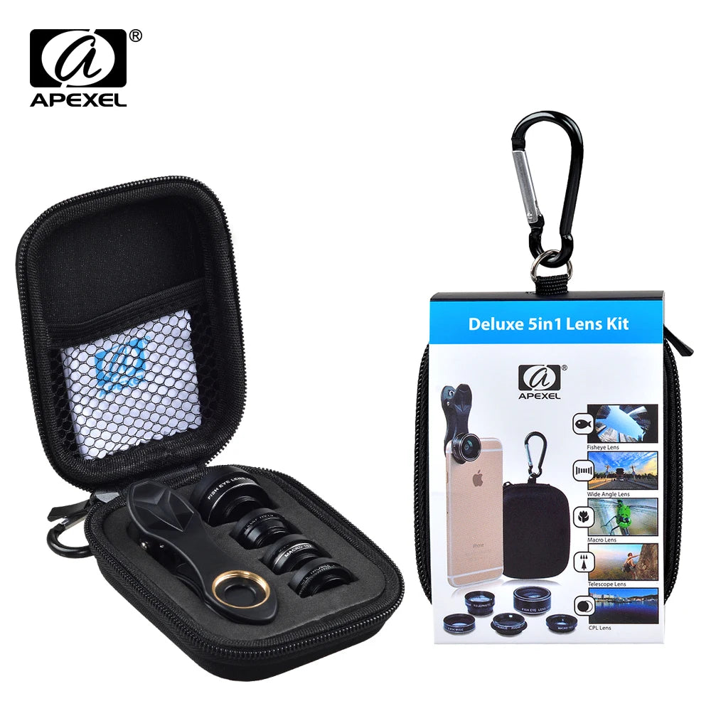 Kit de Lentes de Cámara 5 en 1 para Móvil - Ojo de Pez, Macro y Más