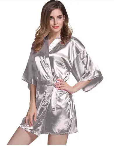 Bata de noche corta de satén de seda para mujer, bata tipo Kimono lisa, bata de baño a la moda, albornoz Sexy, bata de dama de honor para novia y boda