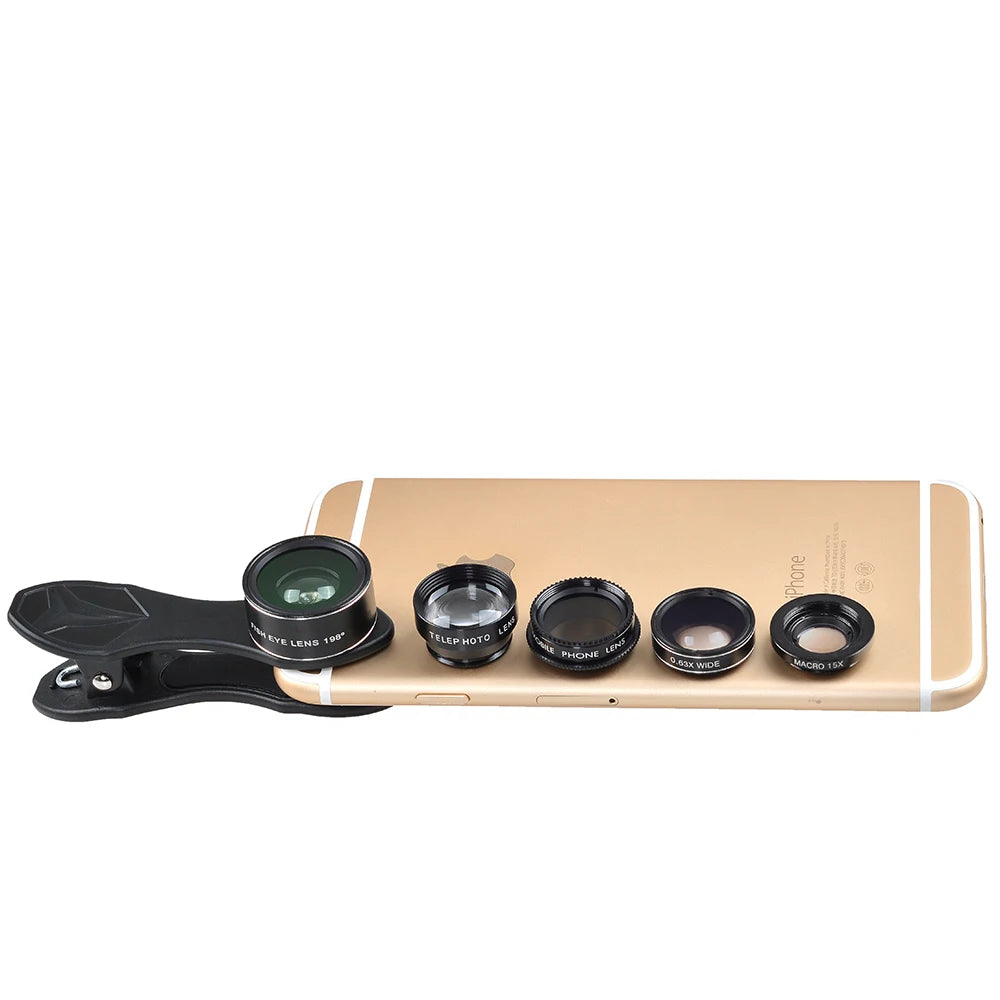 Kit de Lentes de Cámara 5 en 1 para Móvil - Ojo de Pez, Macro y Más