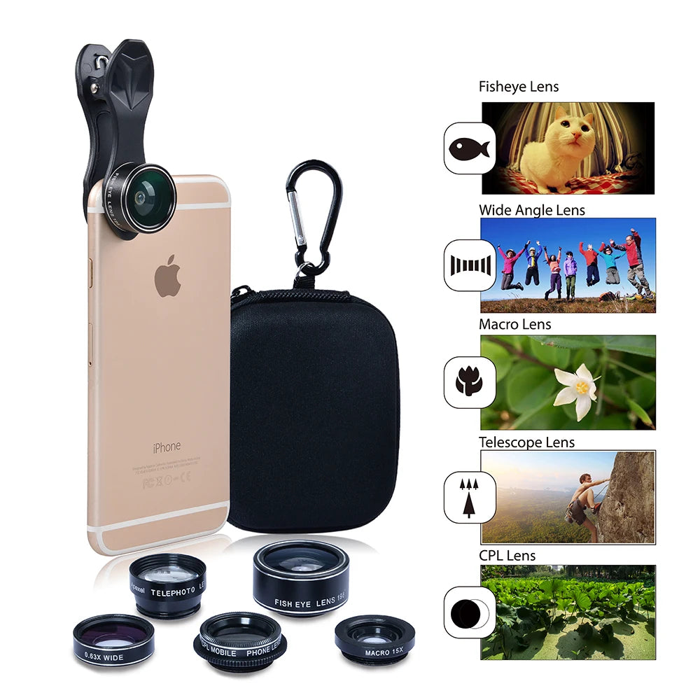 Kit de Lentes de Cámara 5 en 1 para Móvil - Ojo de Pez, Macro y Más