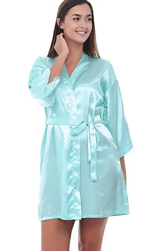 Bata de noche corta de satén de seda para mujer, bata tipo Kimono lisa, bata de baño a la moda, albornoz Sexy, bata de dama de honor para novia y boda