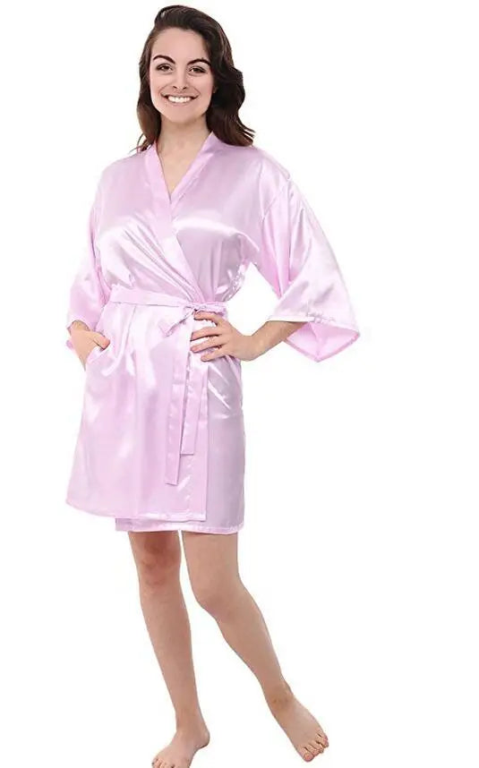 Bata de noche corta de satén de seda para mujer, bata tipo Kimono lisa, bata de baño a la moda, albornoz Sexy, bata de dama de honor para novia y boda