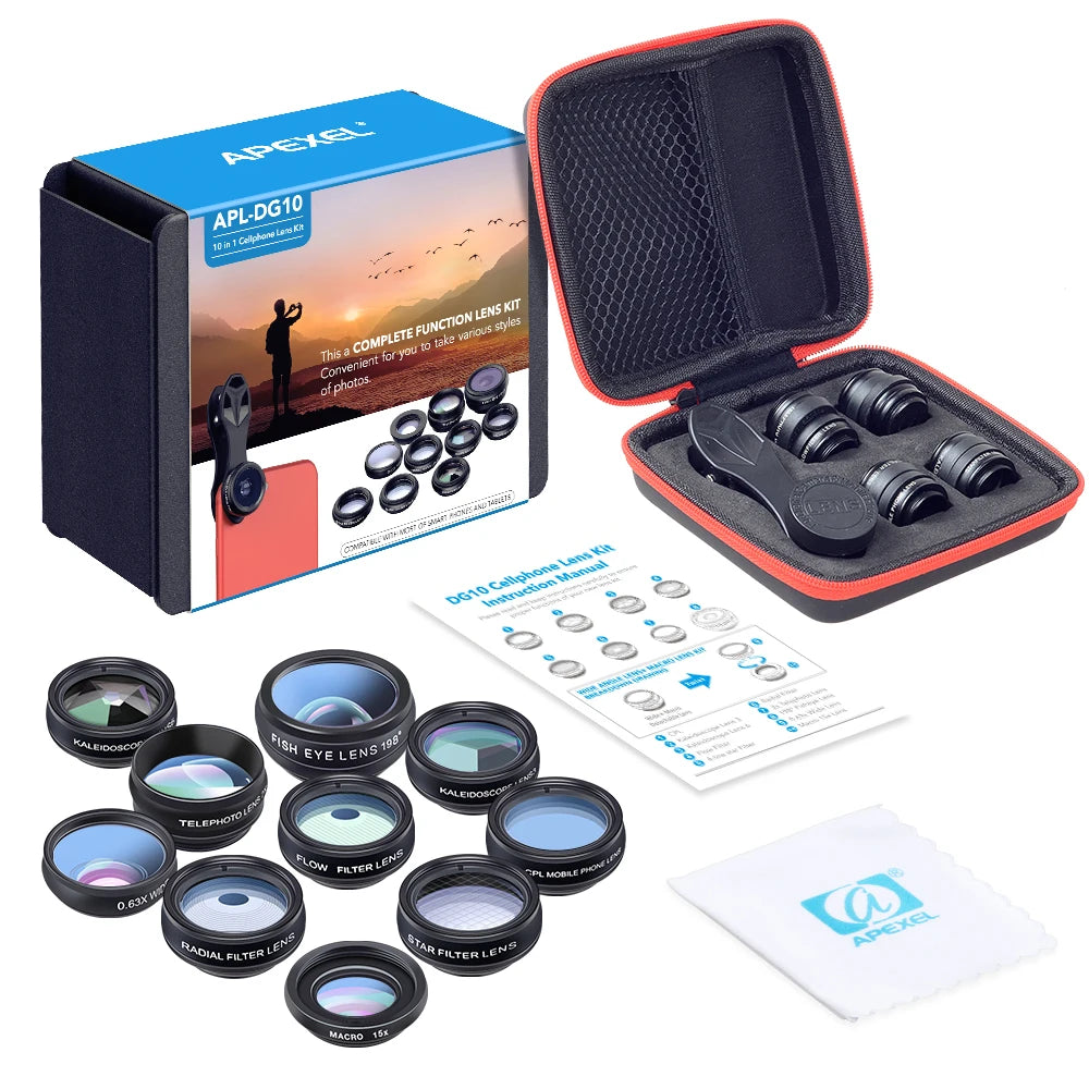 Kit 10 en 1 de Lentes APEXEL para Cámara de Teléfono Inteligente