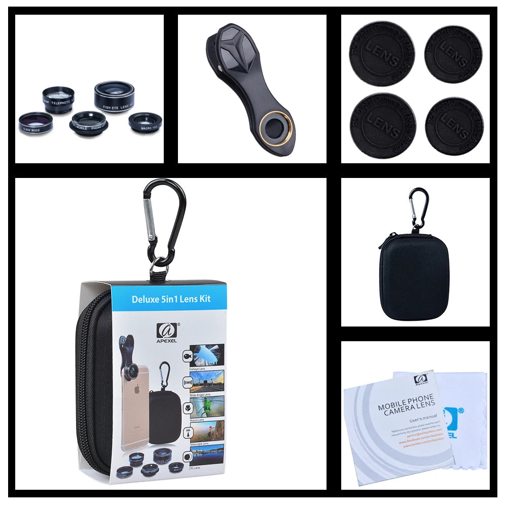 Kit de Lentes de Cámara 5 en 1 para Móvil - Ojo de Pez, Macro y Más