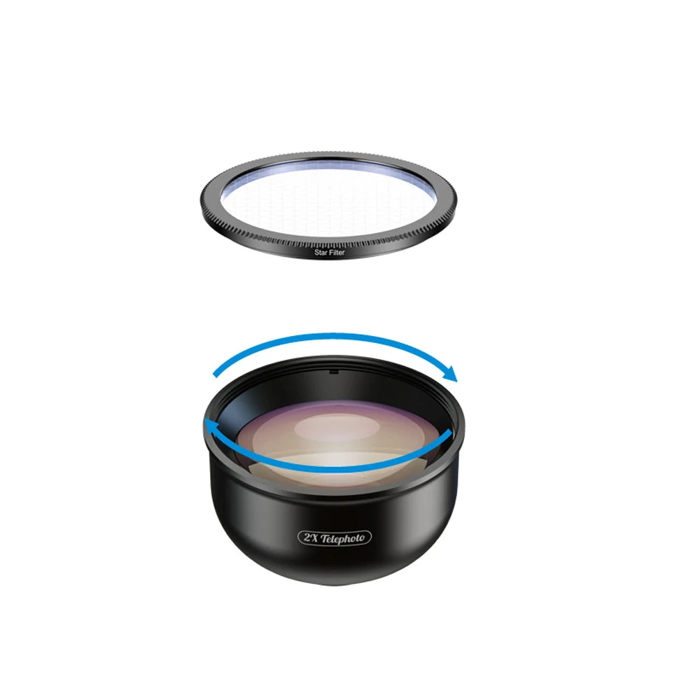 Lente Teleobjetivo APEXEL 2X con Filtros CPL y Estrella para Smartphones