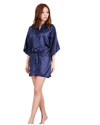 Bata de noche corta de satén de seda para mujer, bata tipo Kimono lisa, bata de baño a la moda, albornoz Sexy, bata de dama de honor para novia y boda