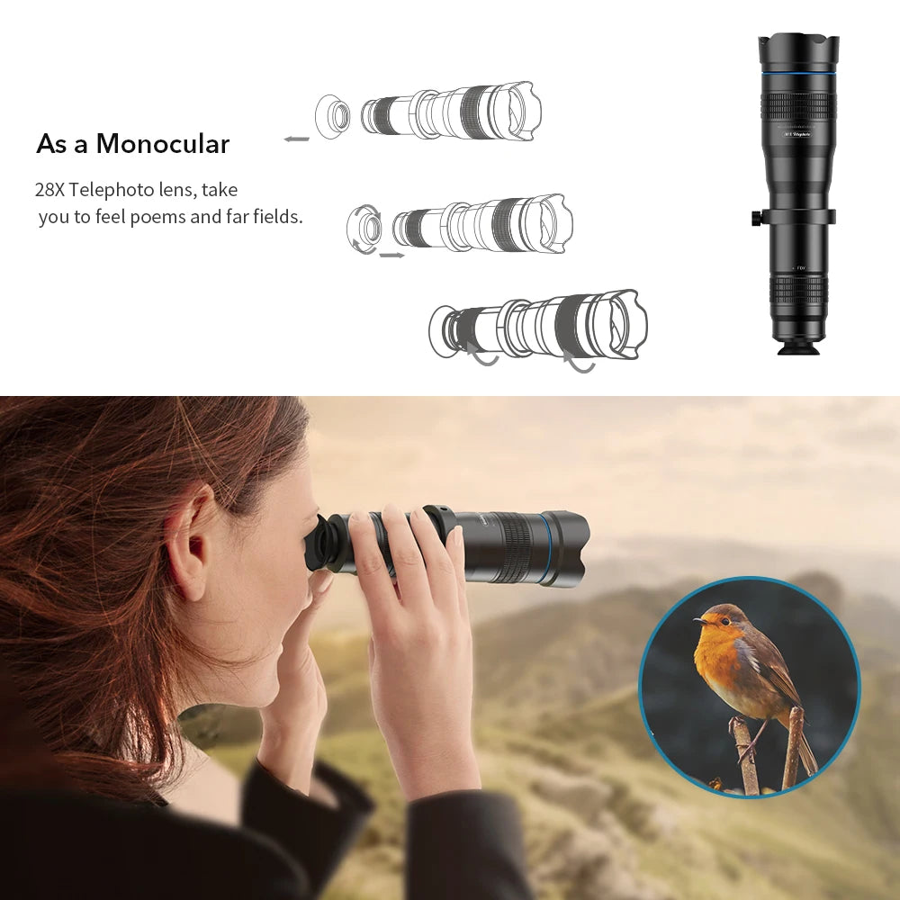 Lente Telescópica APEXEL 28x para Smartphone con Trípode