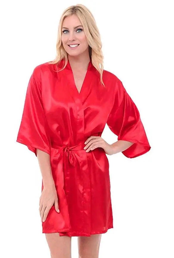 Bata de noche corta de satén de seda para mujer, bata tipo Kimono lisa, bata de baño a la moda, albornoz Sexy, bata de dama de honor para novia y boda