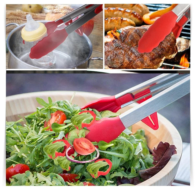 Pinzas de cocina LMETJMA, pinzas para barbacoa de acero inoxidable resistentes al calor con puntas de silicona y diseño de soporte para parrilla de ensalada KC0254