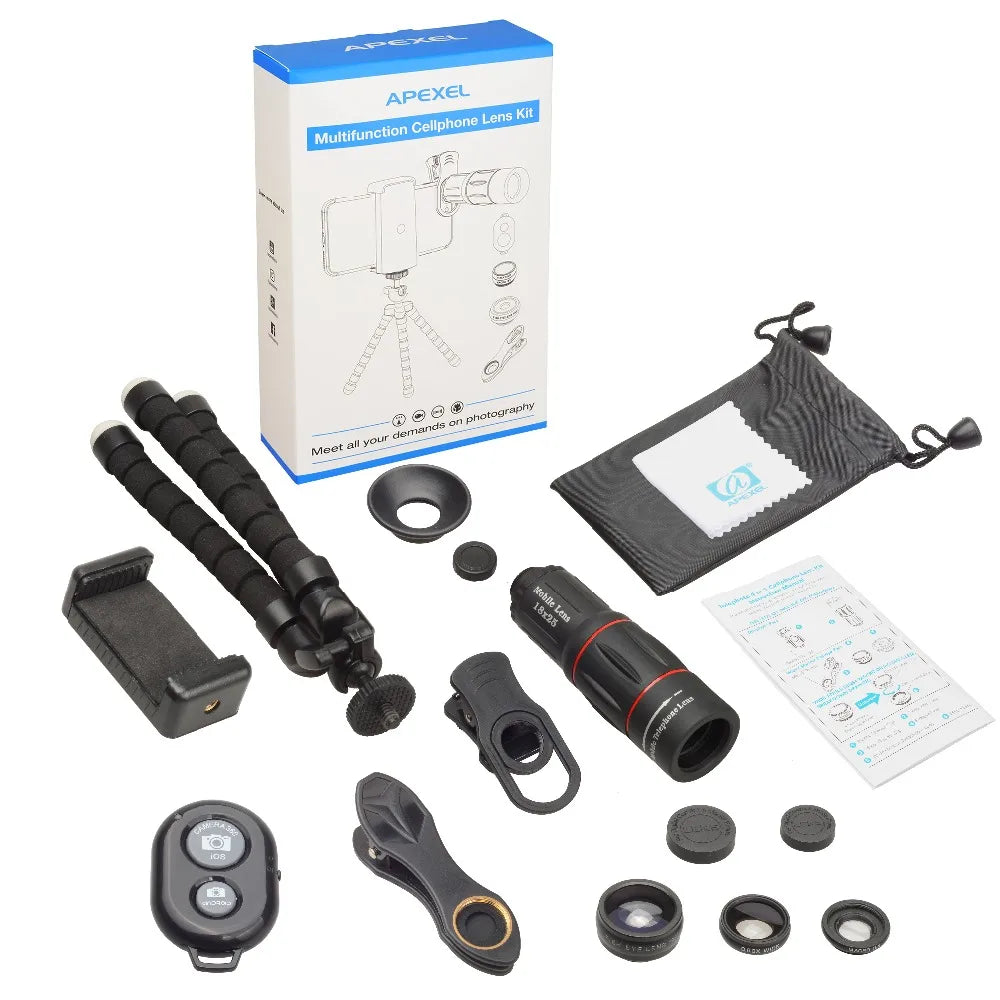 Kit de Lentes APEXEL 5 en 1 con Telescopio 18x para Smartphones